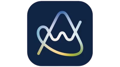 Logo einer modernen Softwareanwendung Das Bild zeigt ein Logo einer Softwareanwendung auf blauem Hintergrund. Die Linien sind fließend und modern gestaltet.