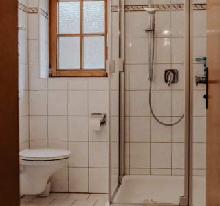 Der Raum zeigt eine Dusche und eine Toilette in einem Haus. Die Wände sind gefliest und ein Fenster ist sichtbar.