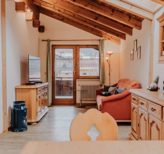 Wohnzimmer mit Holzdecke in einer Wohnung Im Raum sind ein Sofa, ein TV und ein Fenster zu sehen. Es ist hell und freundlich.