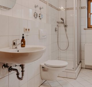 Ein Badezimmer mit einer Dusche, einem Waschbecken und einer Toilette. Es gibt Fliesen an den Wänden und einem Fenster.