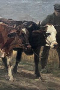 Öl auf Leinwand / 75 x 120 cm / 1905/1906 / Bauer führt zwei Ochsen an einem Kornfeld entlang / Signatur rechts unten in Braun
