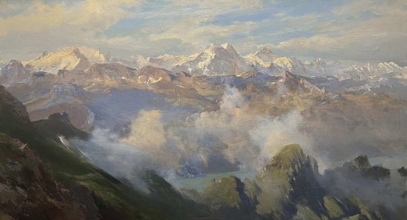 Das großformatige Panorama zeigt den Ausblick vom Brienzer Rothorn über die Hochgebirgslandschaft der Berner und Walliser Alpen. Von erhöhter Warte entfaltet Edward Theodore Compton einen weitgespannten Blick auf eine gestaffelte Folge markanter Gipfel, deren schneebedeckte Höhen sich klar vom lichtdurchzogenen Himmel abheben.