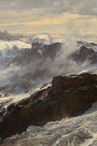 Das monumentale Panorama zeigt den Ausblick vom Tödi über die Hochgebirgslandschaft Graubündens. Von der hochalpinen Perspektive des Gipfelbereichs entfaltet Edward Theodore Compton eine weit gespannte Übersicht über Gletscherflächen, scharf geschnittene Grate und eine Vielzahl gestaffelter Gipfel, die sich bis an den fernen Horizont reihen.