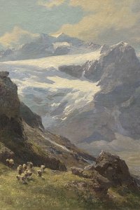 In dieser großformatig angelegten Hochgebirgsdarstellung zeigt Edward Theodore Compton den Piz Palü im Berninamassiv mit dem weit ausladenden Persgletscher. Die Komposition verbindet monumentale alpine Architektur mit einem pastoral geprägten Vordergrund, in dem eine Schafherde die Maßstäblichkeit der Landschaft betont.