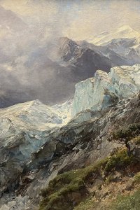 Das Gemälde zeigt den Randbereich des Gepatschferners in einer dramatisch zugespitzten Hochgebirgskomposition. Edward Theodore Compton konzentriert sich auf die unmittelbare Begegnung von Fels und Eis und wählt eine leicht erhöhte Perspektive, die den Blick entlang der zerklüfteten Gletscherfront in die Tiefe des Eisstroms führt.