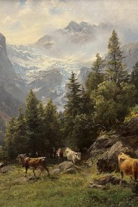 Das Gemälde zeigt einen Blick in das Val Genova, ein hochalpines Tal im Trentino, das Edward Theodore Compton mehrfach bereiste und in unterschiedlichen medialen Formen festhielt. Die Komposition öffnet sich aus einem pastoral geprägten Vordergrund mit weidenden Rindern und dichtem Baumbestand hin zu einer dramatisch ansteigenden Hochgebirgslandschaft mit Gletscher und Gipfeln im Hintergrund.