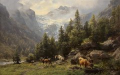 Das Gemälde zeigt einen Blick in das Val Genova, ein hochalpines Tal im Trentino, das Edward Theodore Compton mehrfach bereiste und in unterschiedlichen medialen Formen festhielt. Die Komposition öffnet sich aus einem pastoral geprägten Vordergrund mit weidenden Rindern und dichtem Baumbestand hin zu einer dramatisch ansteigenden Hochgebirgslandschaft mit Gletscher und Gipfeln im Hintergrund.
