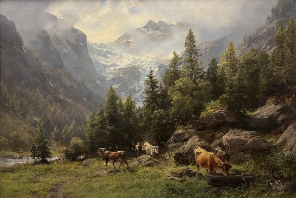 Das Gemälde zeigt einen Blick in das Val Genova, ein hochalpines Tal im Trentino, das Edward Theodore Compton mehrfach bereiste und in unterschiedlichen medialen Formen festhielt. Die Komposition öffnet sich aus einem pastoral geprägten Vordergrund mit weidenden Rindern und dichtem Baumbestand hin zu einer dramatisch ansteigenden Hochgebirgslandschaft mit Gletscher und Gipfeln im Hintergrund.