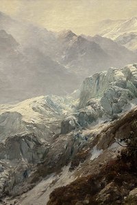 Das Gemälde zeigt den Gepatsch-Ferner, einen der größten Gletscher der Ostalpen, in einer weit ausgreifenden Hochgebirgskomposition. Compton wählt eine erhöhte Perspektive, die den Blick entlang der zerklüfteten Eisformationen in die Tiefe des Gletscherbeckens und weiter zu den umgebenden Gipfeln lenkt.