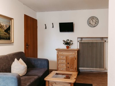 Der Raum zeigt ein einladendes Wohnzimmer mit einem grauen Sofa, einem Holztisch und einem Fernseher an der Wand.