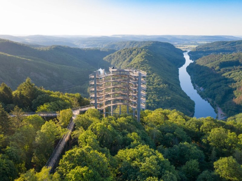 Luftaufnahme Turm Frühling Baumwipelpfad Saarschleife