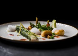 Zur Spargelzeit zwischen April und Juni bettet das Gourmethotel die Forelle im Kräutermantel auf grünen Spargel.