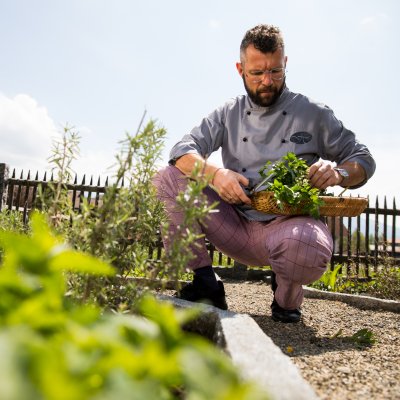 Ein Koch aus Haubers Küchenteam pflückt frische Kräuter für das Abendmenü des Gourmet-Hotels.