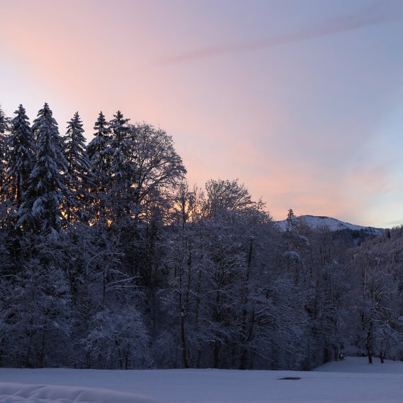Vom Fastenhotel im Allgäu blicken Gäste über die Bergkulisse, während die Sonne langsam aufgeht.