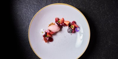 Als süßen Abschluss serviert Haubers Genusshotel Erdbeermousse auf frischem Obst.