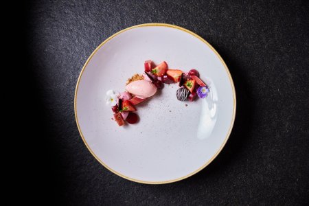 Als süßen Abschluss serviert Haubers Genusshotel Erdbeermousse auf frischem Obst.