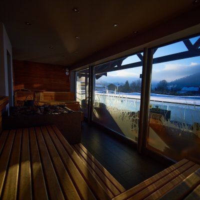 Die Saunen in Haubers „Haus am See“ verfügen über Panoramafenster und ermöglichen einen Blick in die Natur des Allgäus.