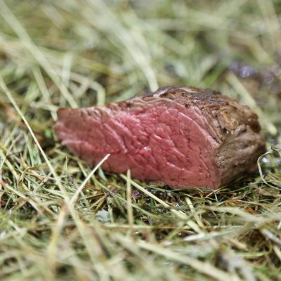 Ein zartes Rinderfilet ruht im Heubett, eine Spezialität von Haubers Naturresort, das für sein Bergheu bekannt ist.