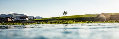 Vom Außenpool des Wellnesshotels im Allgäu blicken Gäste über die Berggipfel Oberstaufens.