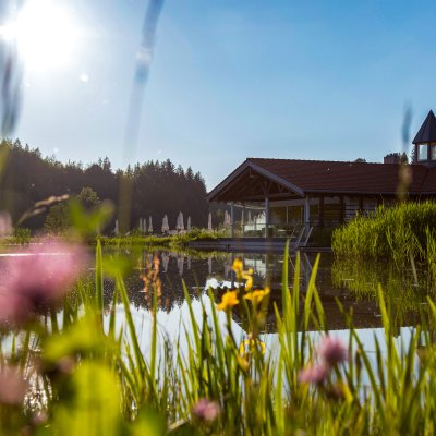 Haubers Haus am See besitzt eine Sonnenterrasse direkt am hoteleigenen Natursee, in dem die Gäste des Wellnesshotels schwimmen.