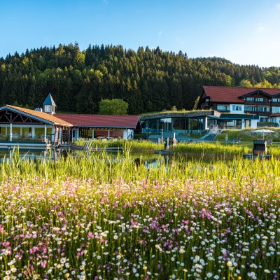 Im Sommer ist das Haubers Wellnesshotel im Allgäu umgeben von blühenden Wiesen, die den Natursee einrahmen.