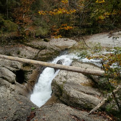Die Buchenegger Wasserfälle stürzen über zwei Terrassen und fließen dann als Weißach an einer Kiesbach vorbei.