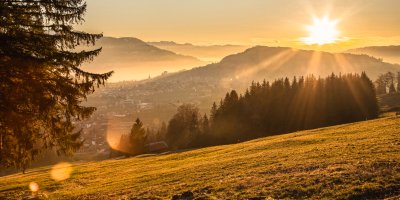Die untergehende Sonne taucht die Wiesen oberhalb von Oberstaufen in herbstliches Licht. Goldener Herbstabend mit Blick auf Oberstaufen.