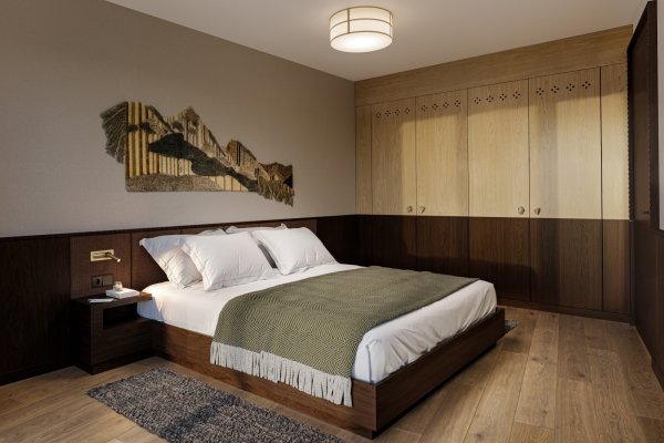 1767626 Schlafzimmer mit Holzverkleidung und einfacher Dekoration