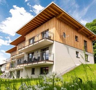 Blick auf die Balkone und Terrassen an einem Sommertag in Riezlern.