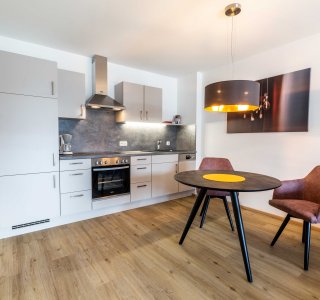 Bild von einer Küche mit Her, Ofen, Kühlschrank und Dunstabzug. Im Vordergrund ein Esstisch mit zwei Stühlen.