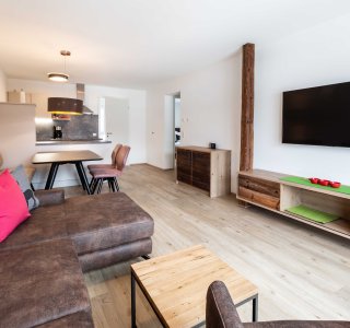 Bild von einem der Wohnzimmer mit Sofa, Fernseher, Esstisch und im Hintergrund die Küchenzeile.