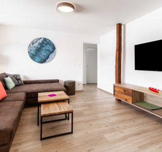 Ansicht vom Wohnzimmer in einer der Ferienwohnungen mit Fernseher und großem Sofa.