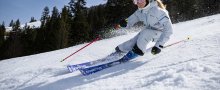 Eine Person fährt Ski in den Bergen an einem klaren, sonnigen Tag. Die umgebenden Bäume sind schneebedeckt.