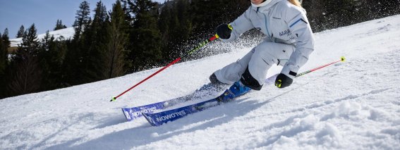 Eine Person fährt Ski in den Bergen an einem klaren, sonnigen Tag. Die umgebenden Bäume sind schneebedeckt.