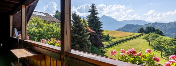 Blumen stehen auf dem Balkon. Im Hintergrund sind Berge und ein Tal zu sehen. Der Himmel ist blau und hat Wolken.