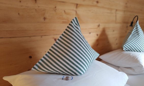 Zwei Kissen liegen auf den Betten in einem Raum. Der Holzstil zeigt eine gemütliche Atmosphäre.