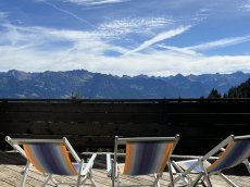 Genieße das Alpenpanorama bei einem leckeren Getränk in unseren Liegestühlen.