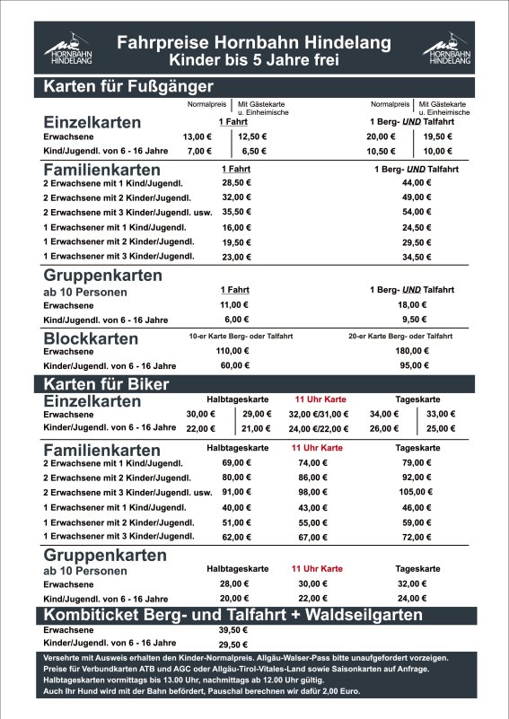 Hornbahn Preistafel Ganzjahr 27032025