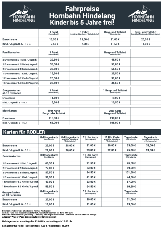 Diese Liste zeigt die Preise für Fahrten mit der Hornbahn in Hindelang für Erwachsene, Kinder und Familien zu verschiedenen Zeiten.