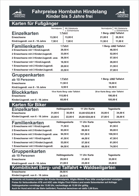 Die Preisliste zeigt die Fahrpreise für die Hornbahn Hindelang in Deutschland für verschiedene Ticketkategorien.