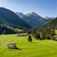 Vom Stillachtal Hotel eröffnet sich ein weiter Blick auf grüne Wiesen, dichte Wälder und die Allgäuer Alpen – ein perfekter Ort für Erholung inmitten der Natur.
