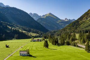 Vom Stillachtal Hotel eröffnet sich ein weiter Blick auf grüne Wiesen, dichte Wälder und die Allgäuer Alpen – ein perfekter Ort für Erholung inmitten der Natur.