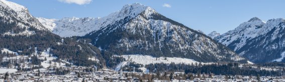 Eine ruhige Winterlandschaft mit schneebedeckten Bergen und einem kleinen Dorf, umgeben von Natur.
