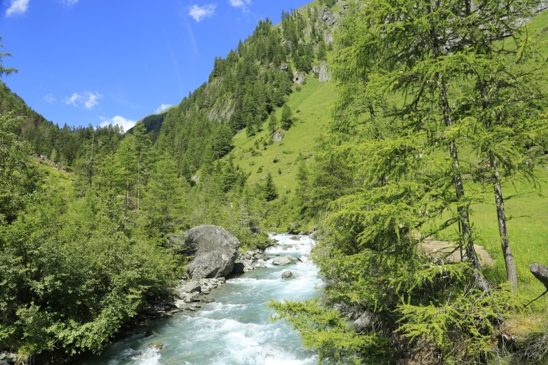 Die naturbelassene Isel bei Prägraten am Großvenediger – einer der letzten frei fließenden Gletscherflüsse der Alpen. Naturerlebnis, Wandern und Erholung im Nationalpark Hohe Tauern rund um die HEIMAT in Hinterbichl.