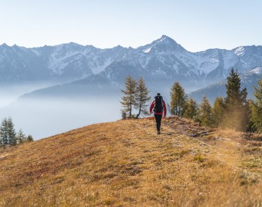 Herbstliche Wanderung am Hochstein bei Lienz in Osttirol. Die farbenreiche Berglandschaft rund um Lienz zeigt sich im Herbst besonders stimmungsvoll und lädt zu abwechslungsreichen Wanderungen mit herrlichen Ausblicken auf die Lienzer Dolomiten und die umliegende Bergwelt ein.