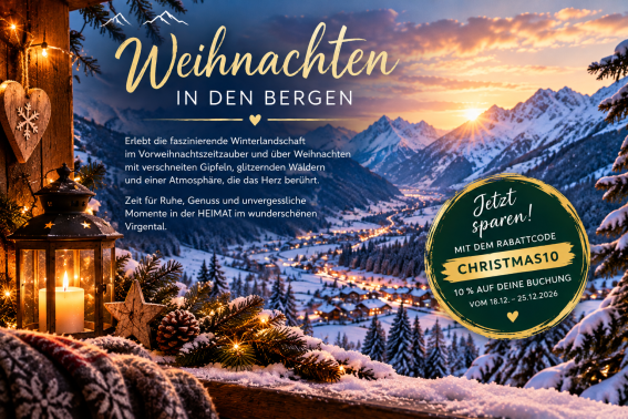 Weihnachten in den Bergen Erlebt die zauberhafte Vorweihnachtszeit und Weihnachten in den Bergen rund um Prägraten am Großvenediger in Osttirol. Verschneite Gipfel, glitzernde Winterwälder und die stimmungsvolle Atmosphäre der Alpen laden zu einer besonderen Auszeit ein. Genießt Ruhe, Natur und unvergessliche Wintermomente im HEIMAT – das Nature Resort im Virgental.