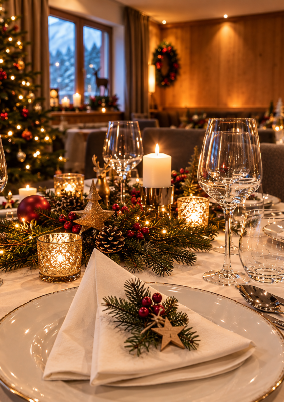 Festlich gedeckter Weihnachtstisch mit Kerzenlicht, Tannengrün und weihnachtlicher Dekoration. Warme Lichter, elegante Tischdekoration und eine gemütliche Atmosphäre schaffen den perfekten Rahmen für einen besinnlichen Heiligabend und genussvolle Weihnachtsmomente in den Bergen.