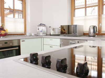 Die hochmoderne und barrierefrei ausgestattete Ferienwohnung Mohren ist mit allem eingerichtet: Herd, Backofen, Spülmaschine, Mikrowelle, Kaffeevollautomat, Toaster, Wasserkocher - alles neue und hochwertigste Markengeräte.