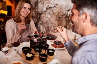 Meat fondue in the historic wine cellar