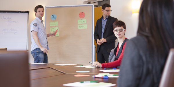 Team bei einem Workshop mit Moderationswand im Hotel Oberstdorf Das Hotel Oberstdorf verfügt über insgesamt 4 helle und moderne Tagungsräume, die viel Platz für kleine und große Firmen bieten.